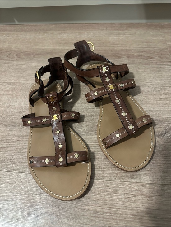 Celine Shoes - Celine Lympia Gladiator Brown Leather Studded T-Strap Women's Sandals Size 36